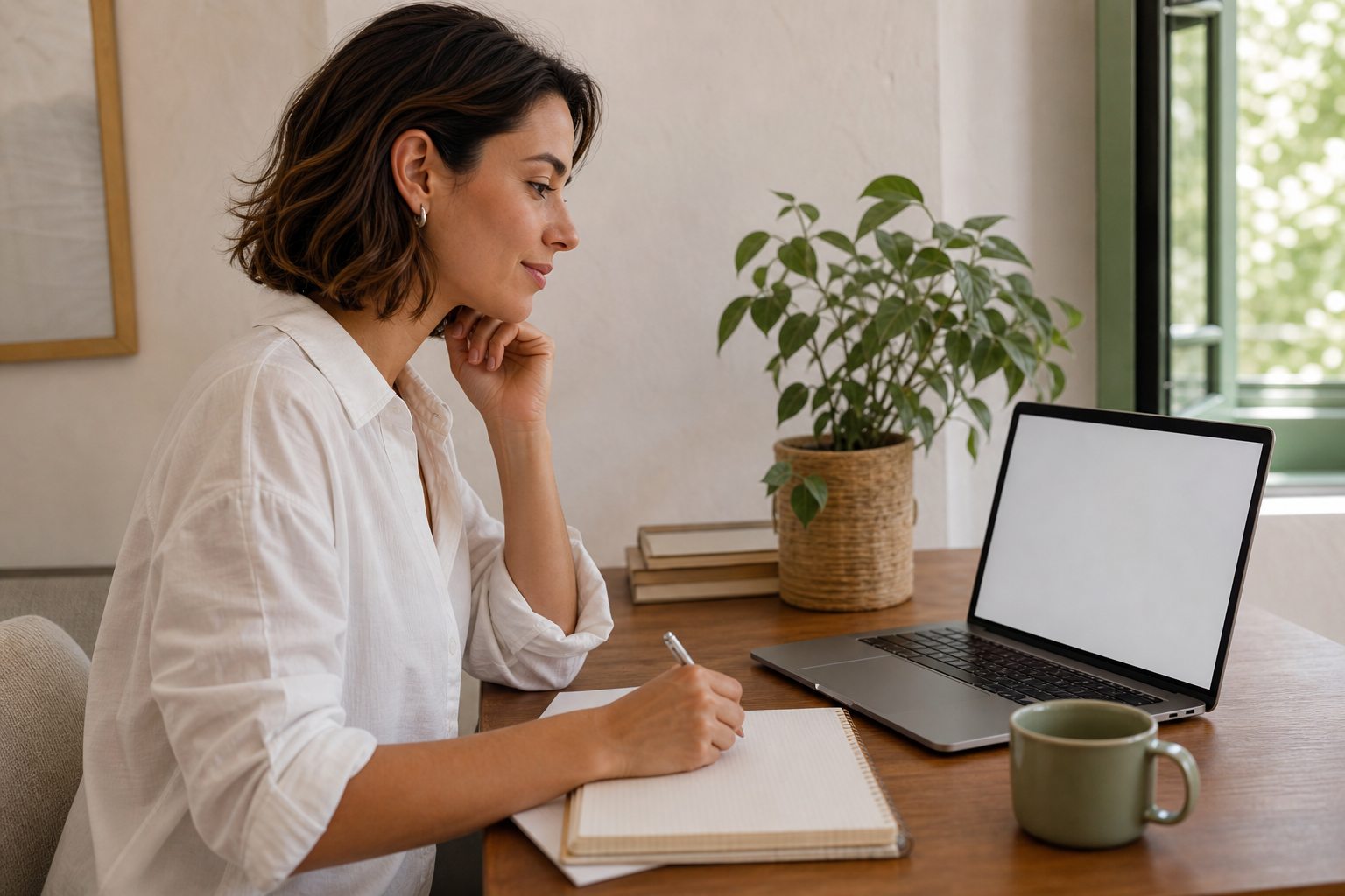 Persona preparando una conversación online desde un espacio privado